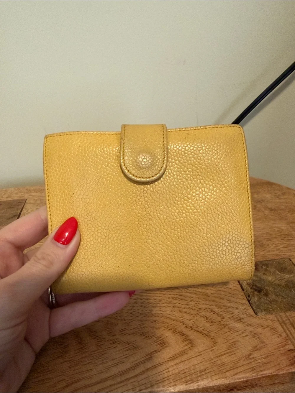 CHANEL Yellow Caviar Leather Compact Wallet with Embossed CC